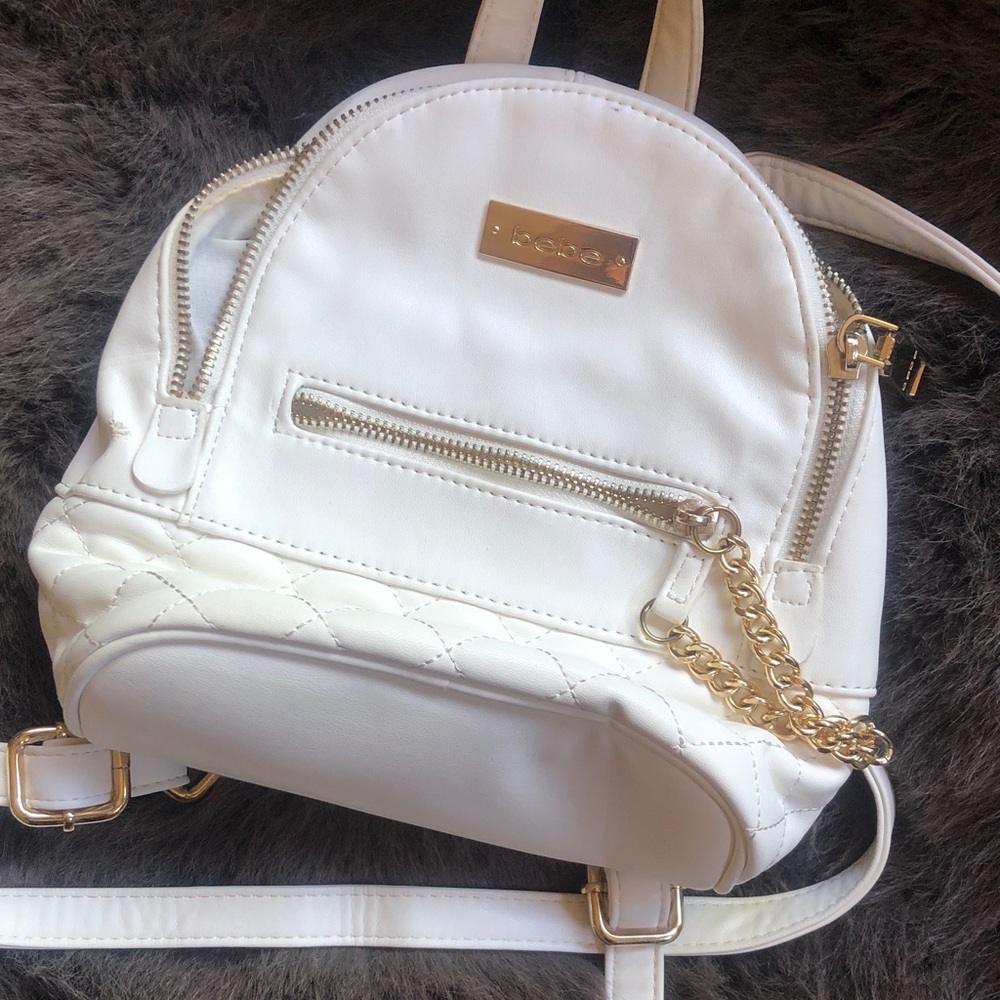 bebe White Quilted Mini Backpack with Gold Hardware